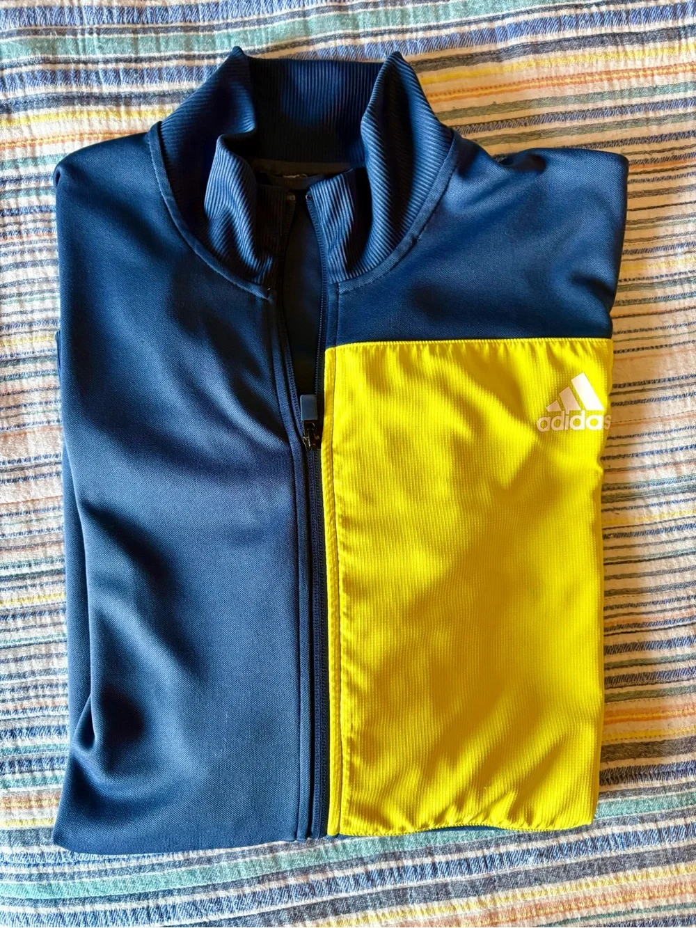 Men's Adidas Full Zip Track Jacket with Yellow chest panel and stripes.